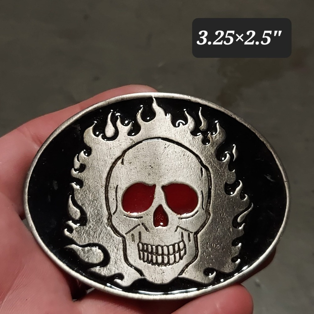 Vintage Motorcycle Flaming Skull Metal Red Eyes Black BorderBelt Buckle #2126
